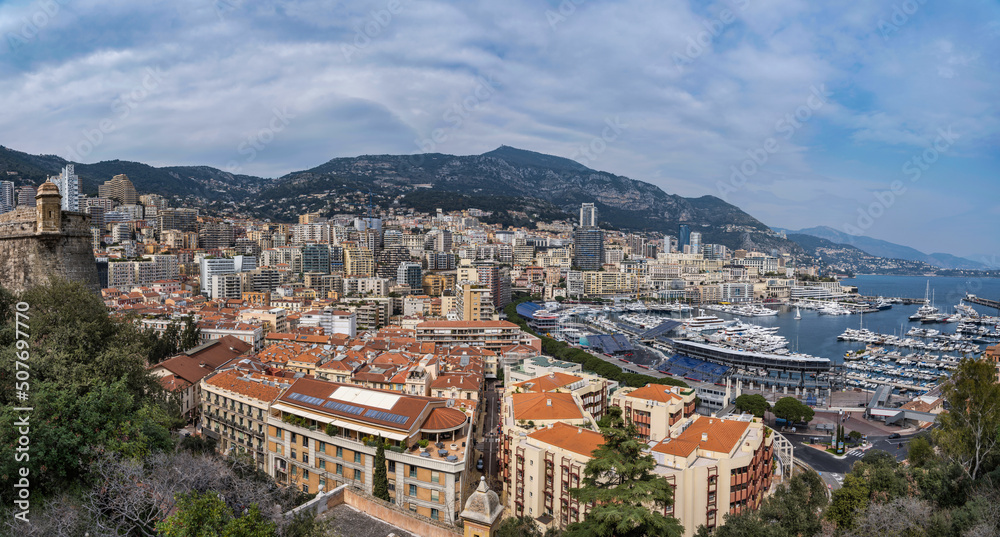 Panorama shot of Monaco City and the harbour on a beautiful spring day