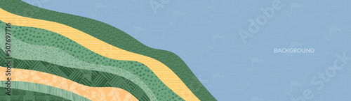 Abstract rice field or art asian banner. Curly mountain eco farm vector background. Green hill horizon illustration, oriental retro pattern. Summer landscape template. Nature panorama with texture