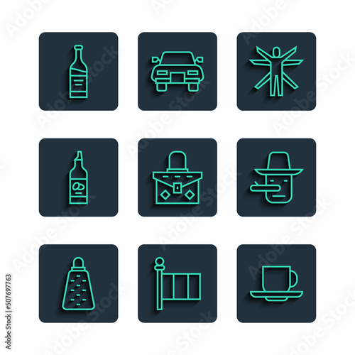 Set line Grater, Flag Italy, Coffee cup, Vitruvian Man, Handbag, Bottle olive oil, wine and Pinocchio icon. Vector