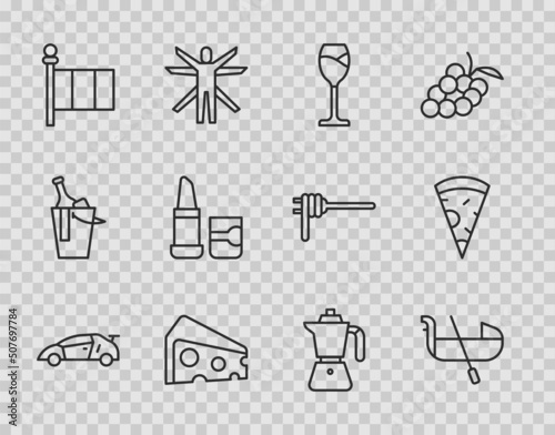 Set line Sport racing car, Gondola, Wine glass, Cheese, Flag Italy, Lipstick, Coffee moca pot and Slice pizza icon. Vector