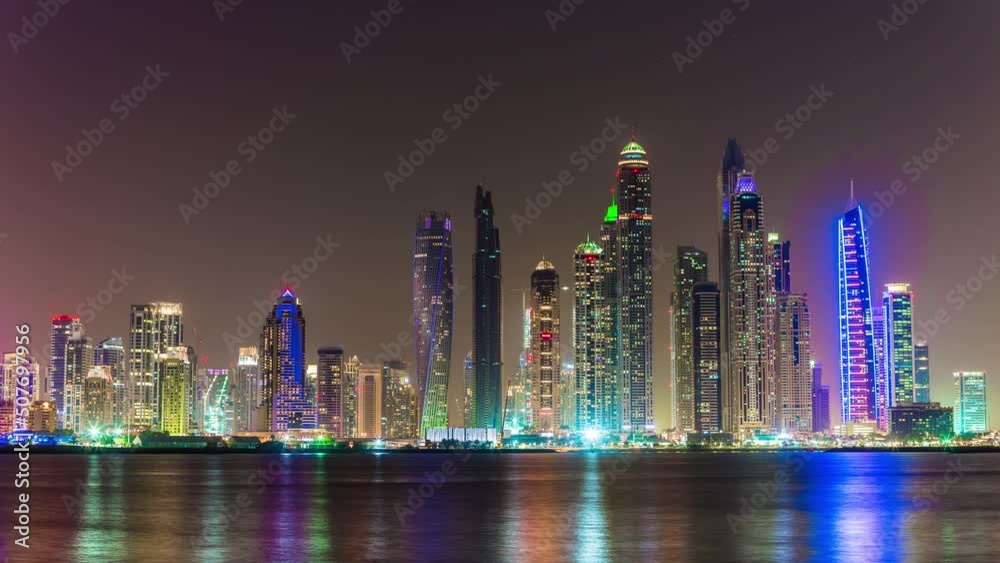 night sunset famous dubai marina bay palm panorama 4k time lapse uae night sunset famous dubai marina bay palm panorama 4k time lapse uae