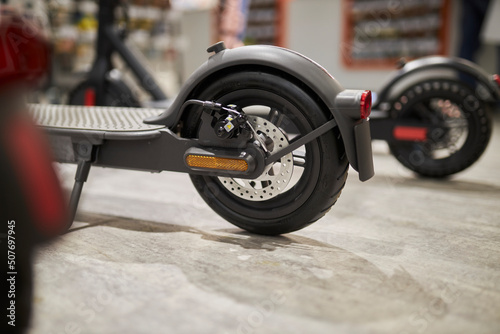 The rear wheel of the scooter. Kick scooter. photo