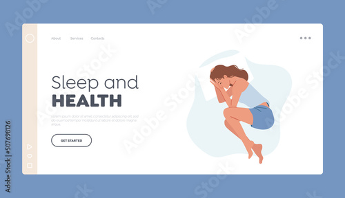 Sleep and Health Landing Page Template. Peaceful Female Character Wear Pajama Sleep or Nap on Pillow in Embryo Pose photo
