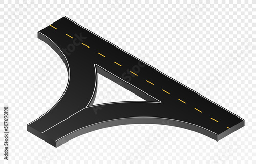 Isometric part road. City junction, crossing road to motorway. Place for fast driving on country, asphalt intersection for cars. Place for cars and other transport. Isometric vector illustration