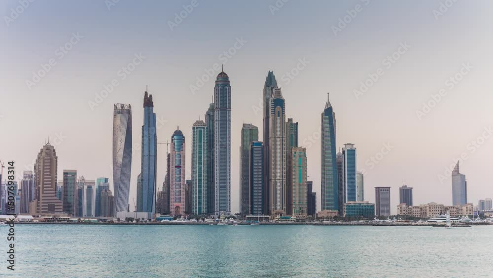 sunset dubai city marina bay famous palm view panorama 4k time lapse uae