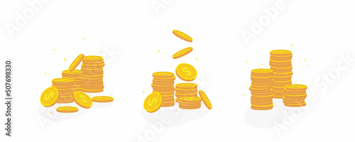 Coin stack. Golden stacks of dollar coins. Flat. Isolated photo