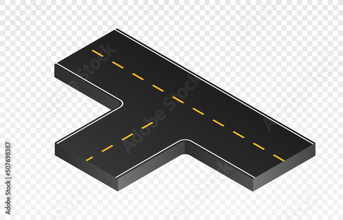 Isometric part road. Asphalt urban interchange and place to change direction. Constructor element for creating realistic city traffic and part of path or way for cars. Isometric vector illustration
