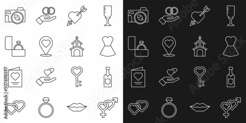 Set line Gender, Champagne bottle, Woman dress, Amour with heart and arrow, Location, Diamond engagement ring, Photo camera and Church building icon. Vector