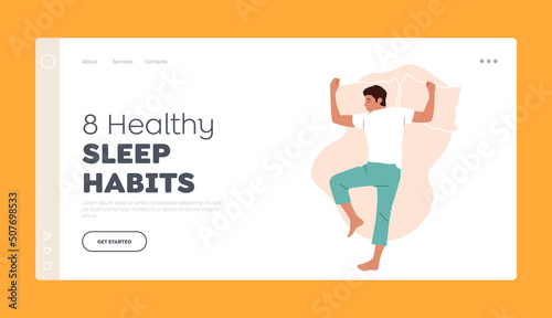 Healthy Sleep Habits Landing Page Template. Peaceful Male Character Wear Pajama Nap at Night. Tired Man Sleeping