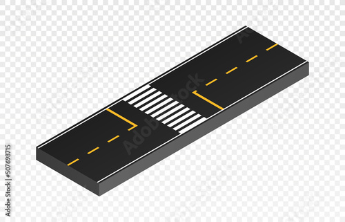 Isometric part road. Wide asphalt highway, place for fast driving to city. Constructor element for creating realistic traffic, transport and travel. Way and path. Isometric vector illustration