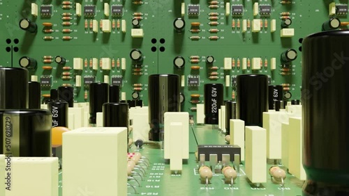 3D rendering looping animation of a camera flying among electronics boards and circuit components