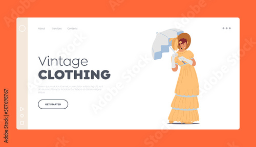 Vintage Clothing Landing Page Template. Beautiful 19th Century Lady in Elegant Gown, Umbrella and Hat. Victorian Fashion