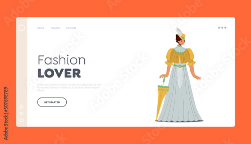 19th Century Fashion Lover Landing Page Template. Elegant Lady in Beautiful Vintage Dress, Victorian Woman