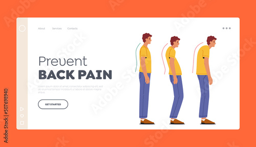 Prevent Back Pain Landing Page Template. Scoliosis and Spine Backbone Curvature Concept. Man Correct and Wrong Posture