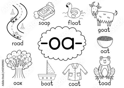 Oa digraph spelling rule black and white educational poster for kids with words. Learning -oa- phonics for school and preschool. Phonetic worksheet. Vector illustration