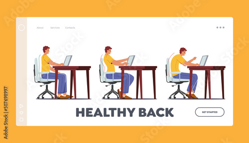 Healthy Back Landing Page Template. Right and Wrong Sitting Postures. Character Sit at Correct and Incorrect Positions