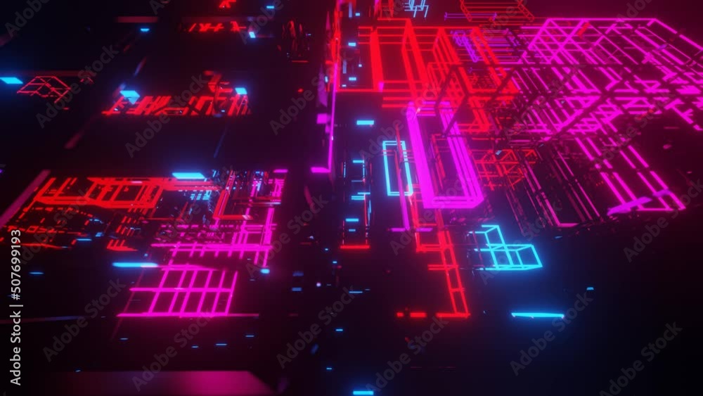 Hi-tech neon sci-fi tunel. Trendy neon glow lines form pattern and construction in mirror tunnel. Fly through technology cyberspace. Complex technological structures. 3d looped seamless 4k bright bg.