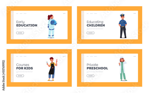 Kids Future Profession and Career Landing Page Template Set. Policeman, Astronaut, Doctor and Hairdresser Characters