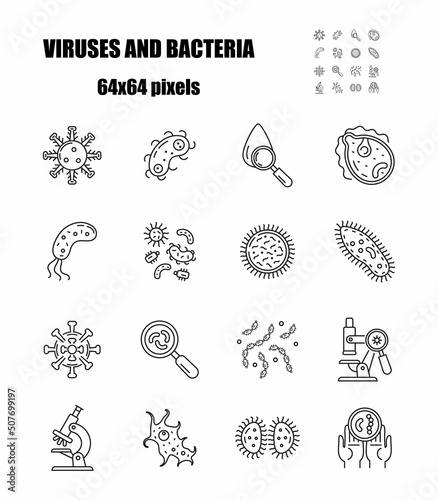 Bacteria, virus icons set in line, outline style. Viral infection, amoeba, infusoria simple sign for app, web. .