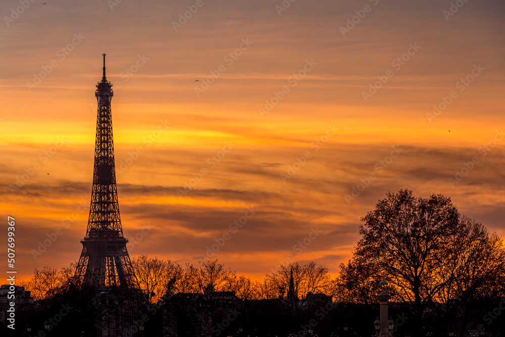 Paris, France - May 15, 2020: View of Eiffel tower at sunset, in Paris