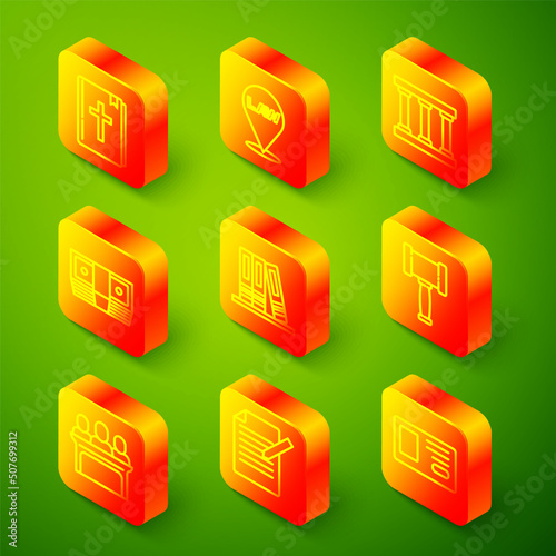 Set line Holy bible book, Location law, Prison window, Bribe money cash, Office folders, Judge gavel, Jurors and Document and pen icon. Vector