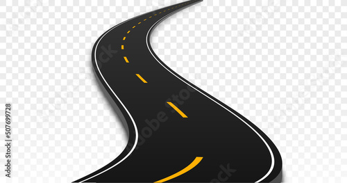 Winding and fork highway. Long curved piece of asphalt path and way. City and intercity travel. Constructor element for creating terrain maps and navigation. Realistic isometric vector illustration
