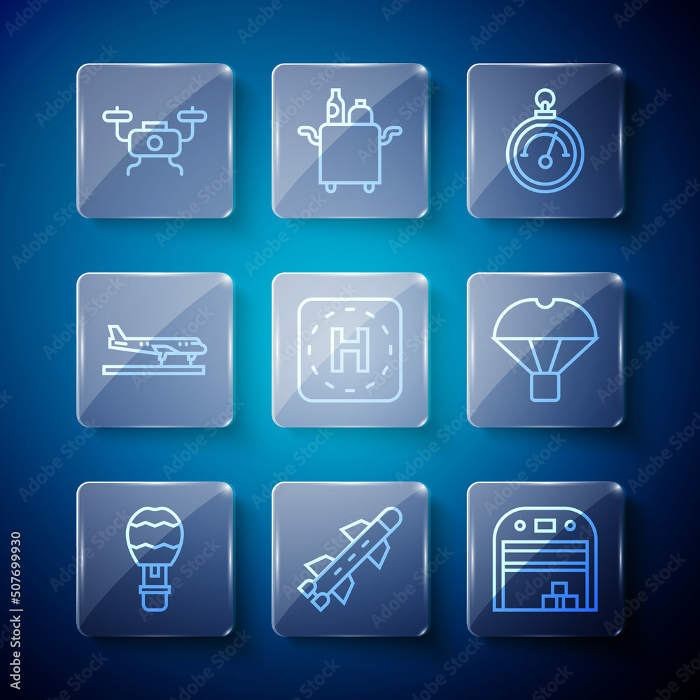 Set line Hot air balloon, Rocket, Aircraft hangar, Barometer, Helicopter landing pad, Plane, Drone flying and Box parachute icon. Vector Set line Hot air balloon, Rocket, Aircraft hangar, Barometer, Helicopter landing pad, Plane, Drone flying and Box parachute icon. Vector