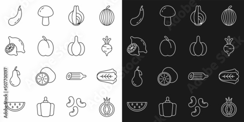 Set line Tomato  Cabbage  Beet  Onion  Plum fruit  Lemon  Eggplant and Garlic icon. Vector