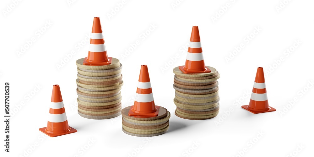 Three coin stacks with traffic cones over white background, money safety, value protection or banking concept Three coin stacks with traffic cones over white background, money safety, value protection or banking concept