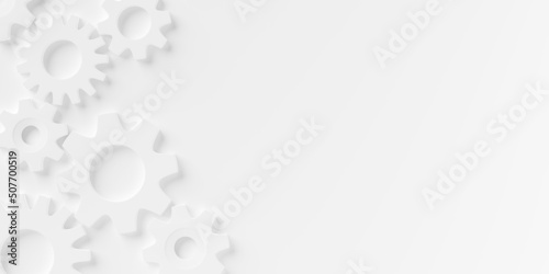 Group white gears or cogwheels on white background, modern minimal process or industry concept template flat lay top view from above with copy space