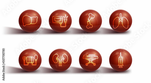 Set line Human organ liver, Blood pressure, Lungs, Stretcher, kidneys, Ultrasound, Syringe and broken bone icon. Vector