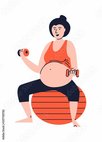 A pregnant woman is engaged in fitness on the ball. Fitness for pregnant women in the later stages. Sports to keep fit. Exercises with dumbbells. Illustration in the style of flat and contour graphics