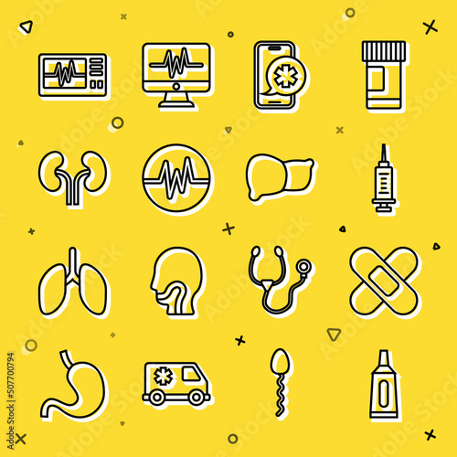 Set line Ointment cream tube medicine, Crossed bandage plaster, Syringe, Emergency phone call, Heart rate, Human kidneys, Monitor with cardiogram and organ liver icon. Vector