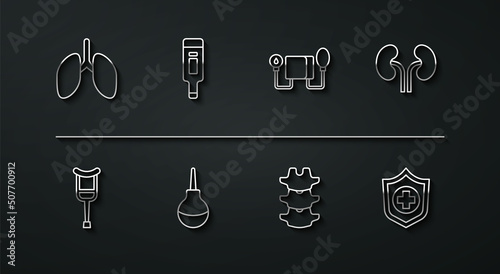 Set line Lungs, Crutch or crutches, Human kidneys, spine, Enema, Digital thermometer, Life insurance hand and Blood pressure icon. Vector