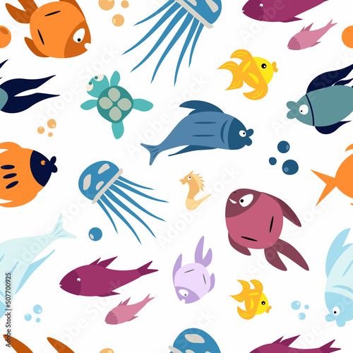 Seamless pattern with bright marine life on a white background