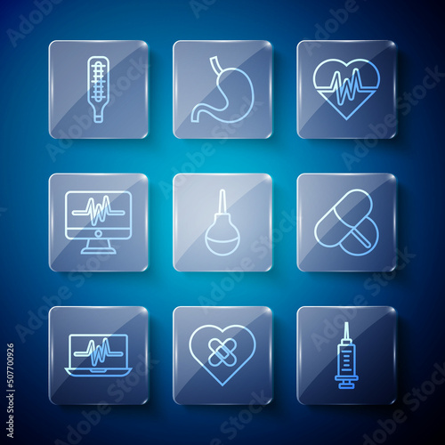Set line Laptop with cardiogram, Healed broken heart, Syringe, Heart rate, Enema, Monitor, Medical thermometer and Medicine pill tablet icon. Vector