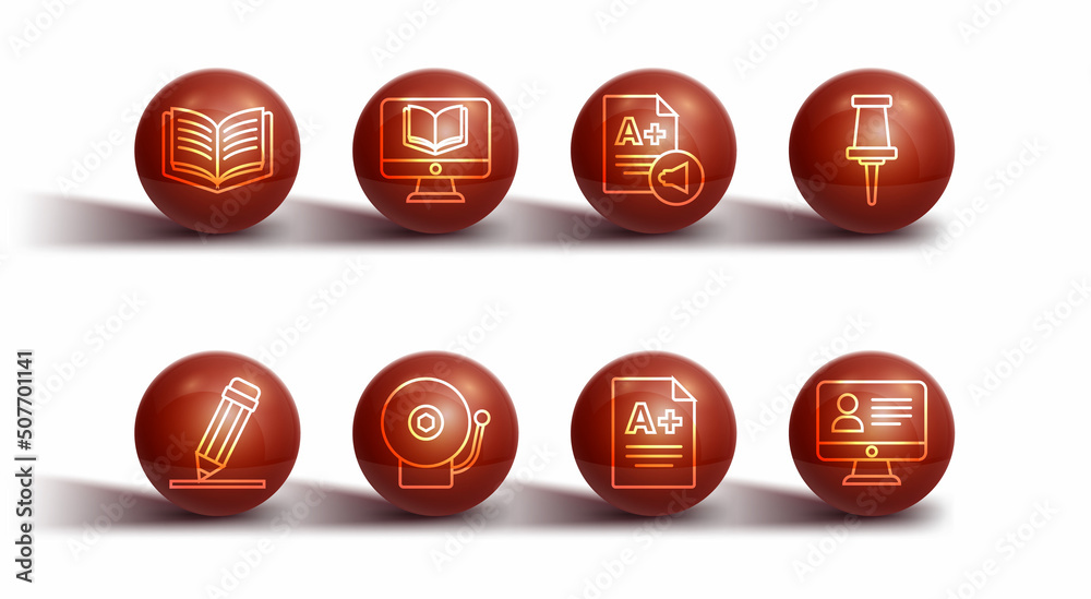 Set line Open book, Pencil with eraser, Push pin, Exam sheet A plus grade, Ringing alarm bell, Online class, and icon. Vector Set line Open book, Pencil with eraser, Push pin, Exam sheet A plus grade, Ringing alarm bell, Online class, and icon. Vector