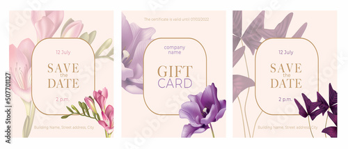 Wedding invitation in the botanical style. Freesia, tulip, oxalis on a pink background. Design template for the invitation, shop, beauty salon, spa. Vector illustration