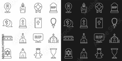 Set line Christian chalice, Church building, cross on chain, Memorial wreath, Grave with tombstone, Coffin and Holy bible book icon. Vector