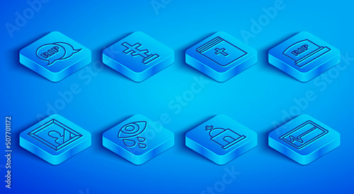 Set line Speech bubble rip death, Grave with cross, Holy bible book, Tear cry eye, Old crypt, Tombstone RIP written, Mourning photo frame and Beat dead monitor icon. Vector