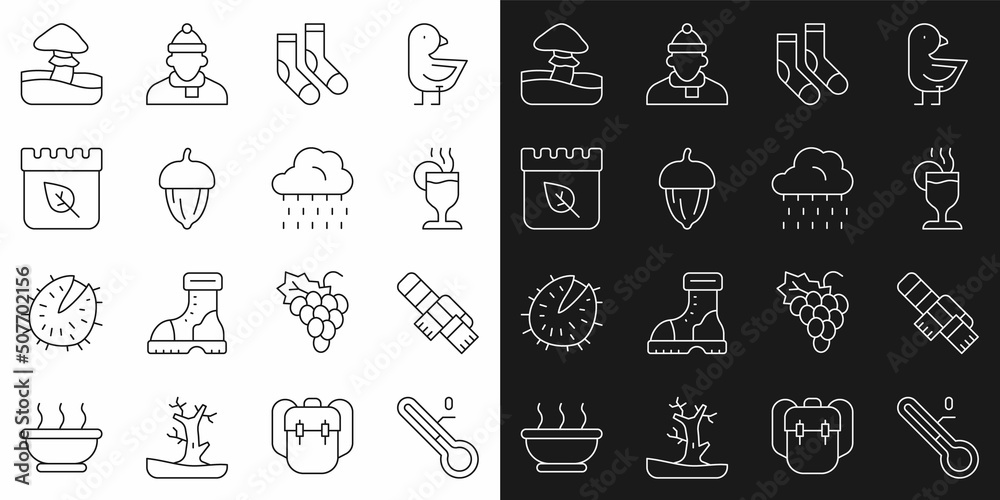 Set line Meteorology thermometer, Winter scarf, Mulled wine, Socks, Acorn, Calendar with autumn leaves, Mushroom and Cloud rain icon. Vector