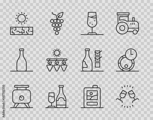 Set line Fermentation of grapes, Wine tasting, degustation, glass, bottle with, Drought, Drying, Cardboard box wine and Wooden barrel for icon. Vector