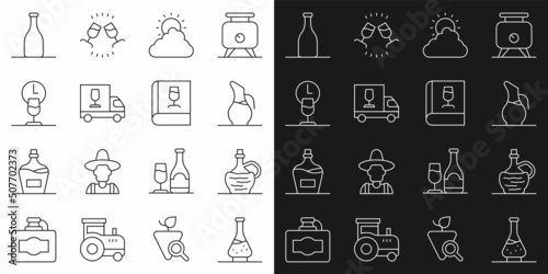 Set line Decanter for wine, Wine italian fiasco bottle, Sun and cloud weather, truck, time, Bottle of and Book about icon. Vector