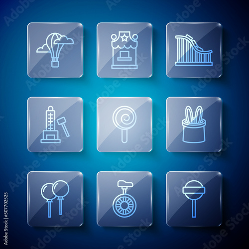 Set line Balloons with ribbon, Unicycle or one wheel bicycle, Lollipop, Roller coaster, Striker attraction hammer, Hot air balloon and Magician hat and rabbit ears icon. Vector