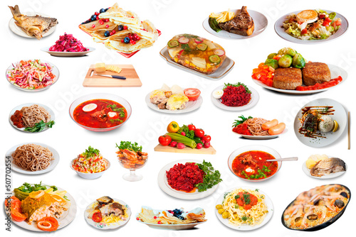 Top view of many plates with tasty food over white background