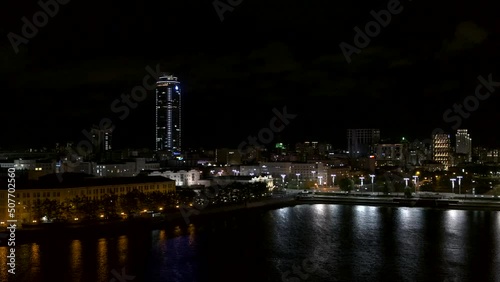 Aerial view of night cityscape of Yekaterinburg City with Vysotsky business skyscraper, Russia. Stock footage. Colorful evening night illumination and Iset river. photo