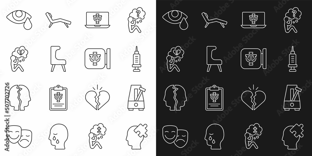 Set line Solution to the problem, Metronome with pendulum, Addiction drug, Psychologist online, Armchair, Broken heart or divorce, Tear cry eye and Psychology, Psi icon. Vector