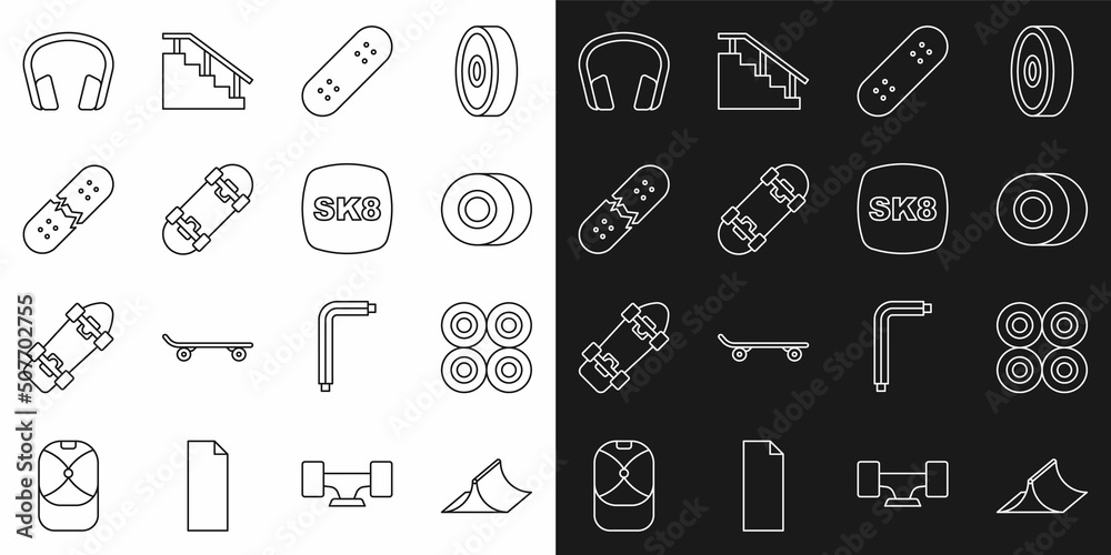 Set line Skate park, Skateboard wheel, Broken skateboard deck, Headphones and icon. Vector Set line Skate park, Skateboard wheel, Broken skateboard deck, Headphones and icon. Vector