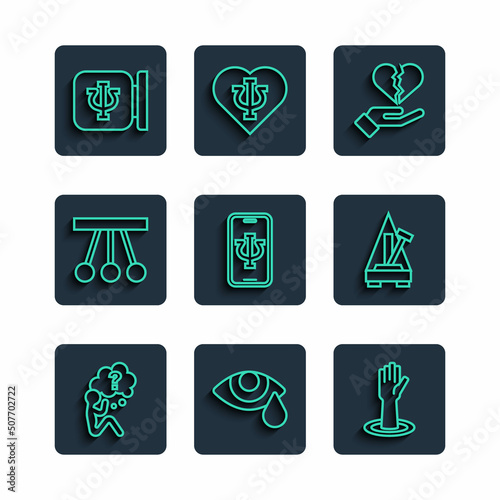 Set line Head with question mark, Tear cry eye, Helping hand, Broken heart or divorce, Psychologist online, Pendulum, Psychology, Psi and Metronome pendulum icon. Vector
