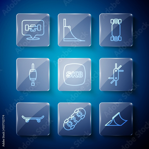 Set line Skateboard, Broken skateboard, park, Longboard or, Screwdriver, wheel and Tool allen keys icon. Vector